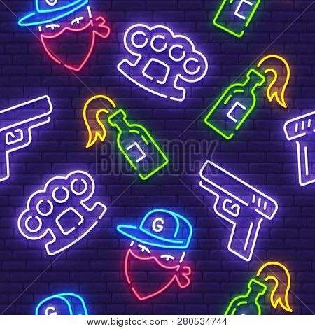 Gangster Pattern, Bright Signboard, Light Banner. Gangster Icon Set Neon, Emblem. Brass Knuckles, Pi