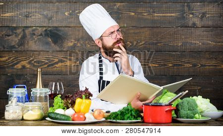 Guy Read Book Recipes. Culinary Arts Concept. Man Learn Recipe. Try Something New. Cookery On My Min