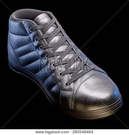 3d Realistic Render Of A Shoe In Dark Color, With A Black Background