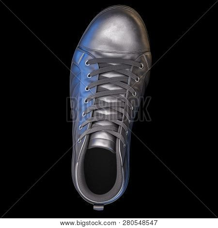 3d Realistic Render Of A Shoe In Dark Color, With A Black Background