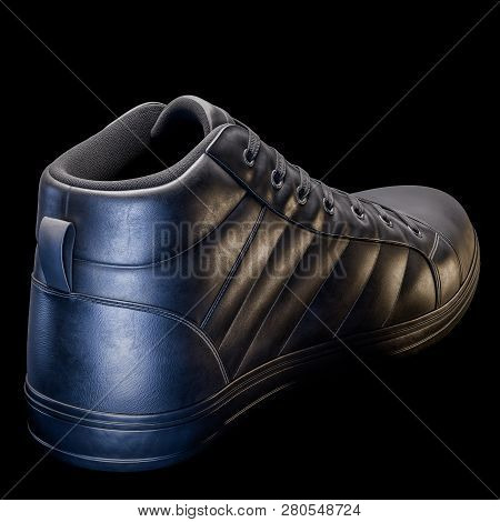 3d Realistic Render Of A Shoe In Dark Color, With A Black Background