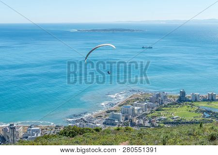 Cape Town, South Africa, August 9, 2018: A Tandem Paraglider Moments After Launch From Signal Hill I