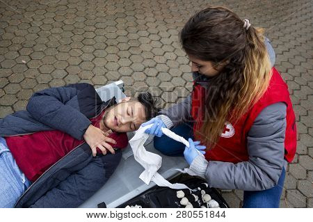 Sofia, Bulgaria - 5 December 2018: Volunteer Paramedics From Bulgarian Red Cross Youth Provide First
