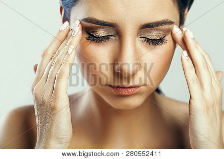 Tired Neck. Beautiful Young Woman Suffering From Neck Pain. Attractive Female Feeling Tired, Exhaust