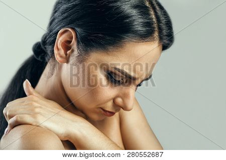 Tired Neck. Beautiful Young Woman Suffering From Neck Pain. Attractive Female Feeling Tired, Exhaust