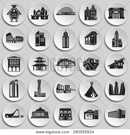 Modern And Old Buildings Set On Plates Background Icons