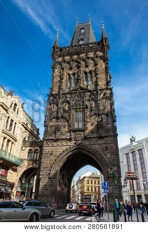 Prague, Czech Republic - April, 2018: The Powder Tower Or Powder Gate A Gothic Tower Ithat Used To B