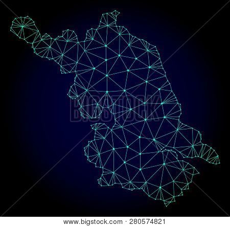 Polygonal Mesh Map Of Jiangsu Province. Abstract Mesh Lines, Triangles And Points On Dark Background