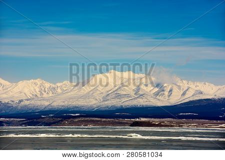 View Of Beautiful Drawings On Ice From Cracks On Surface Of Khubsugul Lake In Winter With Mountain, 