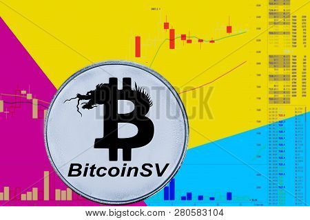 Coin Cryptocurrency Bitcon Sv On Chart And Yellow Neon Background. Bsv Satoshi Vision