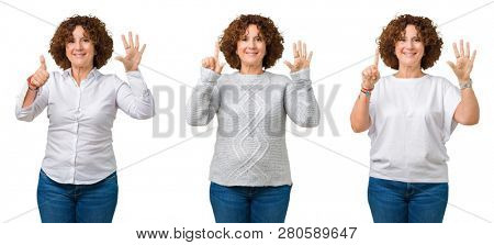 Collage of middle age senior business woman wearing white t-shirt over white isolated background showing and pointing up with fingers number six while smiling confident and happy.