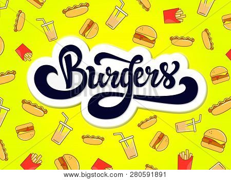 Vintage Sketch Hand Lettering With Logo Burger Calligraphy. Burgers Shop - Logo Design. Hand Drawn L