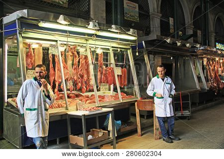 Athens, Attica, Greece - October 17, 2018:  Shoppers And Owners Along A Large Hall In The Huge  Cove