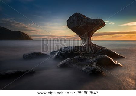 Maloy Coastline With Kannestein Rock And Hendanes Lighthouse In Sunset Light, Norway