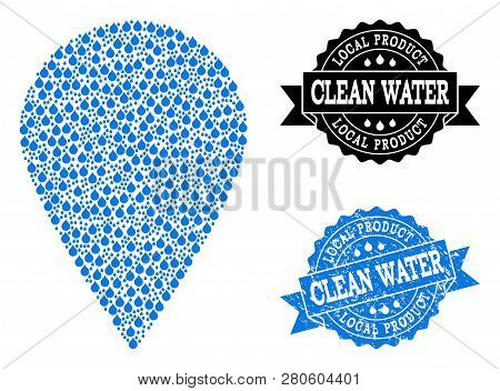 Local Place Vector Mosaic And Clean Water Grunge Stamp. Local Place Created With Blue Water Tears. S