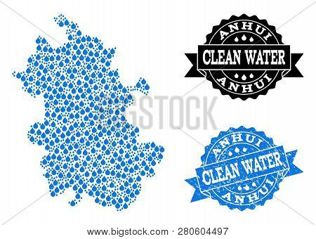 Map Of Anhui Province Vector Mosaic And Clean Water Grunge Stamp. Map Of Anhui Province Composed Wit