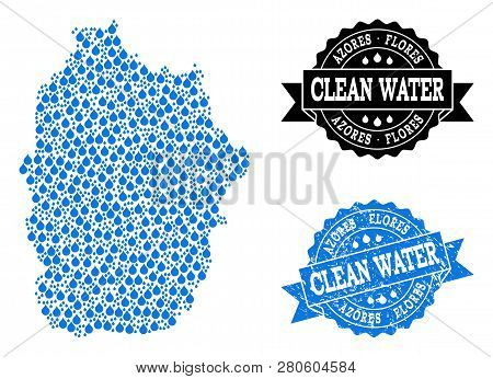 Map Of Azores - Flores Island Vector Mosaic And Clean Water Grunge Stamp. Map Of Azores - Flores Isl