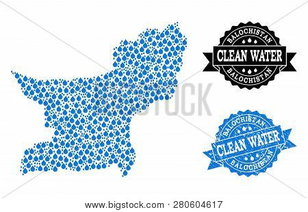 Map Of Balochistan Province Vector Mosaic And Clean Water Grunge Stamp. Map Of Balochistan Province 