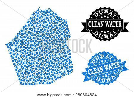 Map Of Dubai Emirate Vector Mosaic And Clean Water Grunge Stamp. Map Of Dubai Emirate Composed With 