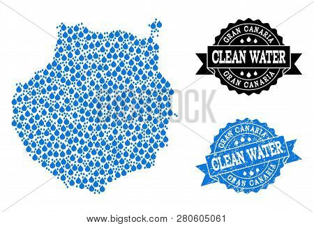 Map Of Gran Canaria Vector Mosaic And Clean Water Grunge Stamp. Map Of Gran Canaria Created With Blu