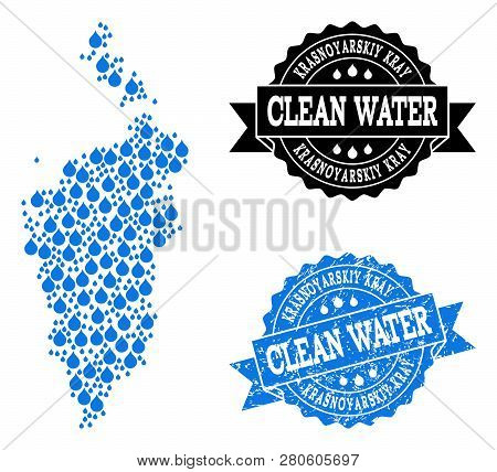 Map Of Krasnoyarskiy Kray Vector Mosaic And Clean Water Grunge Stamp. Map Of Krasnoyarskiy Kray Form
