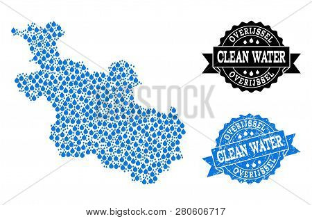 Map Of Overijssel Province Vector Mosaic And Clean Water Grunge Stamp. Map Of Overijssel Province Cr