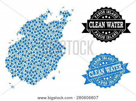 Map Of Paros Island Vector Mosaic And Clean Water Grunge Stamp. Map Of Paros Island Created With Blu