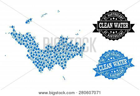 Map Of Saint Barthelemy Vector Mosaic And Clean Water Grunge Stamp. Map Of Saint Barthelemy Created 