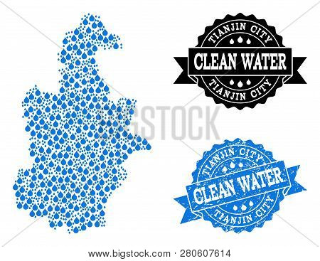 Map Of Tianjin Municipality Vector Mosaic And Clean Water Grunge Stamp. Map Of Tianjin Municipality 