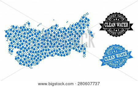 Map Of Ussr Vector Mosaic And Clean Water Grunge Stamp. Map Of Ussr Composed With Blue Water Dews. S