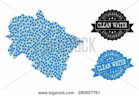 Map Of Uttarakhand State Vector Mosaic And Clean Water Grunge Stamp. Map Of Uttarakhand State Design