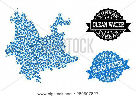 Map Of Yunnan Province Vector Mosaic And Clean Water Grunge Stamp. Map Of Yunnan Province Composed W