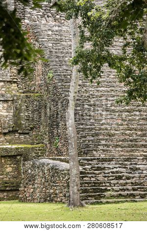 Detail view of the stone stairs of the Mayan temple of Dzibanche in Mexico.