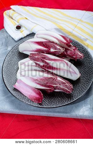Group Of Fresh Red Radicchio Chicory Or Belgian Endive Vegetables, Also Known As Witlof Salade, Clos