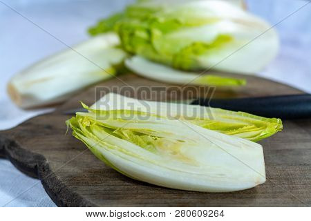 Group Of Fresh Raw Green Belgian Endive Or Hicory Vegetables, Also Known As Witlof Salade