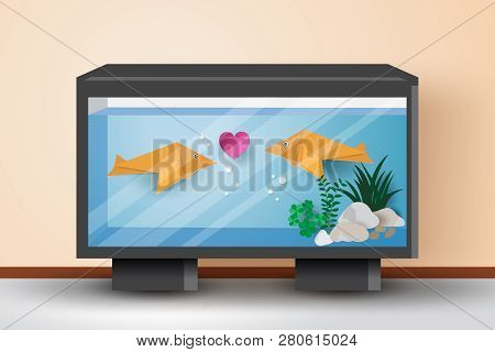 Origami Fishes Fall In Love With Each Other In The Fish Tank,vector Illustration Paper Art Style.