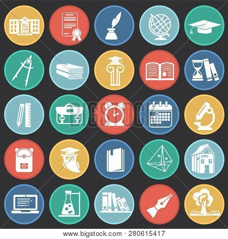 Education And Stydying Set On Color Circles Black Background Icons