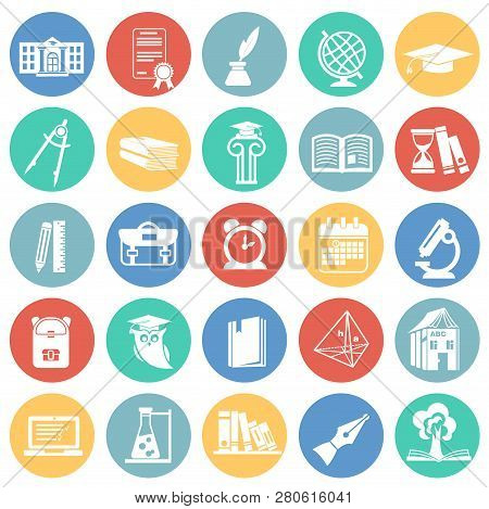 Education And Stydying Set On Color Circles Background Icons