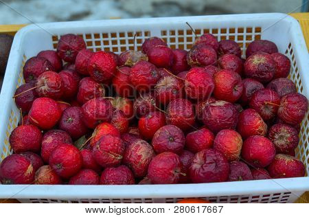 Frozen Apple Fruits At Local Market In Mohe County, China.