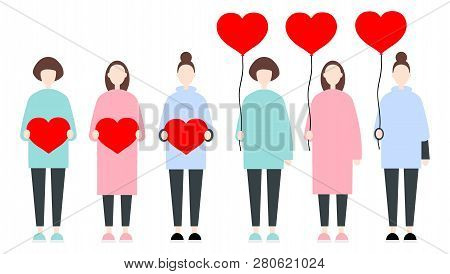 Set Of Diverse Female Millenium Characters Holding Romantic Hearts. Valentine Day Sisterhood Cute An