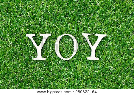 Wood Letter Block In Word Yoy (abbreviation Of Year Over Year) On Artificial Green Grass Background