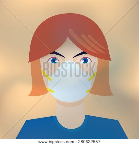 Portrait Of Woman Wearing White Mask For Preventing Smog, Dusk, Pm2.5 Air Pollution In City.