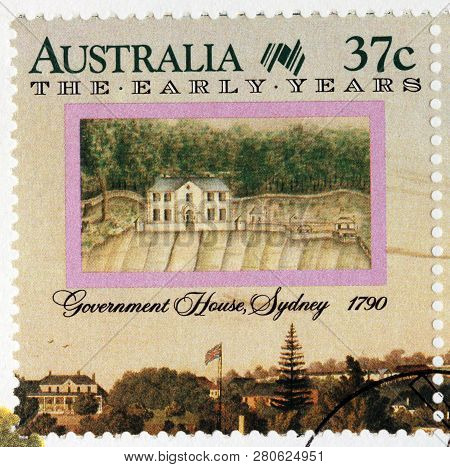 Luga, Russia - January 24, 2019:  A Stamp Printed By Australia Shows View Of Government House, Sydne