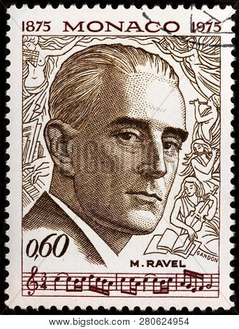 Luga, Russia - January 22, 2019:  A Stamp Printed By Monaco Shows Image Portrait Of Famous French Co