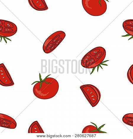 Red Tomatoes With Green Leaves And White Seeds. Seamless Pattern On White Background. Sliced Vegetab