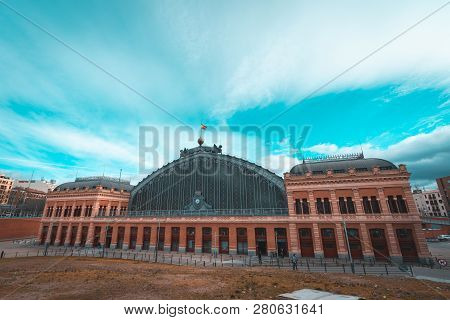 Puerta De Atocha Train Station Building In Madrid, Spain.