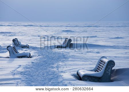 The Frozen Sea Is Beautiful Clouds At Sunset. Baltic Sea. Natural Phenomena. Seascape. Russia