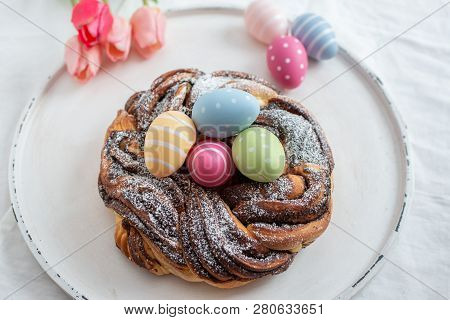 Home Made Chocolate Easter Babka With Easter Eggs
