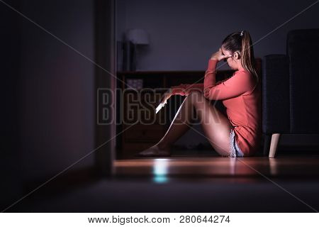 Sad Woman With Smartphone At Night. Ashamed Girl With Stress, Desperate Heartbroken Person Waiting F