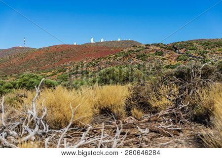 Desert Landscape In The Vicinity Of The Teide Volcano. Viewpoint: Mirador Caramujo. In The Backgroun